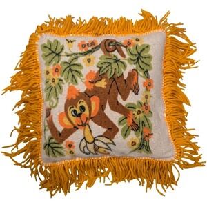 Vintage 70s Latch Hook Monkey Pillow Cover Fringe Boho Retro Jungle Decor